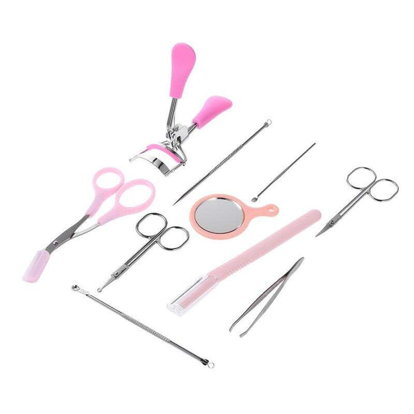 Eye Care 10Pcs / Set Eyebrow Tools Kit Tweezers Trimmer Scissors Razor Eyelash Curler Mirror Earpick Acne Pin Extractor
