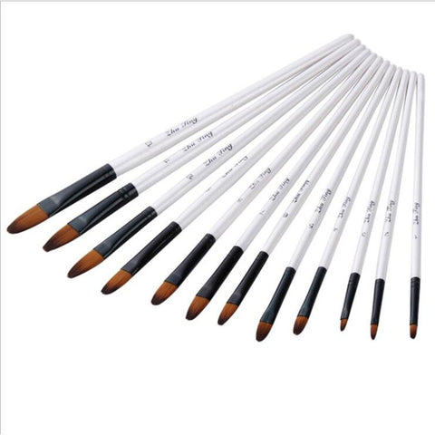 12 Pcsset Nylon Hair Wooden Handle Watercolor Paint Brush Pen Set Learning Diy Oil Acrylic Painting Art Brushes Supplies