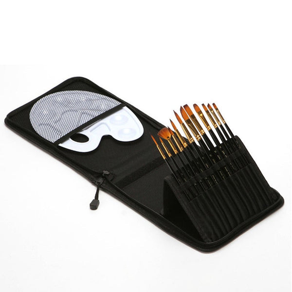 12Pcs Paint Brush Set And Palette With Brushes Carrying Case For Watercolor Oil Acrylic Painting
