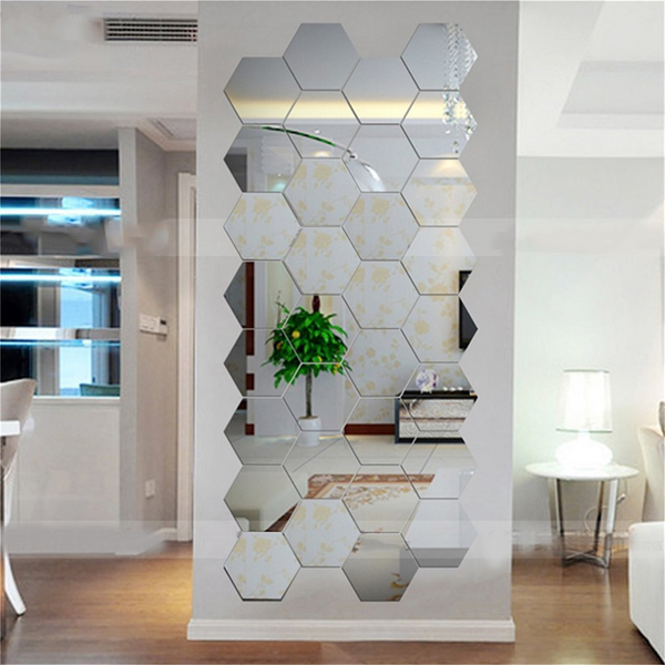 12Pcs 10Cm Mirror 3D Sticker Hexagonal Home Decoration Silver