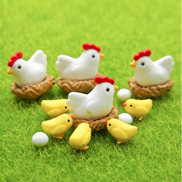 12Pcs Miniature Hen Chicken Family Egg Statue Figurine Doll House Garden Decor