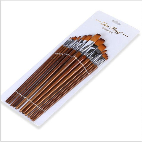 13Pcs Flat Brushes Nylon Hair With Long Handle Painting Kit Synthetic Tips