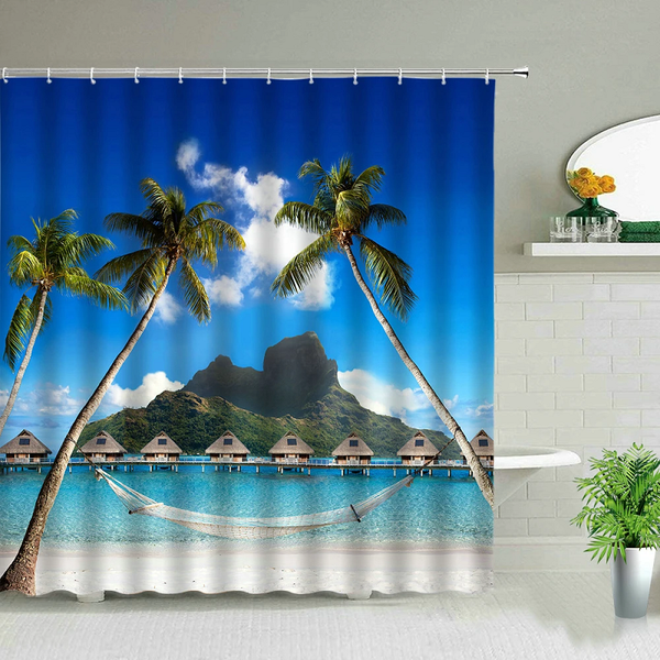 150X180cm Hawaii Beach Trees Bridge Print Bath Shower Curtain Blue