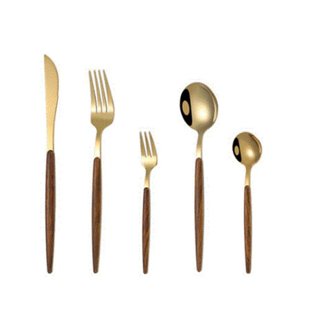 Stainless Steel Gold Dinnerware Cutlery Set Wooden Handle Fork Spoon Knife