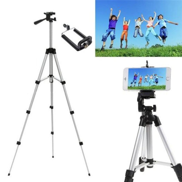 2 In 1 Universal Three Way Tripod Camera Camcorder With Cell Phone Clip Holder Silver