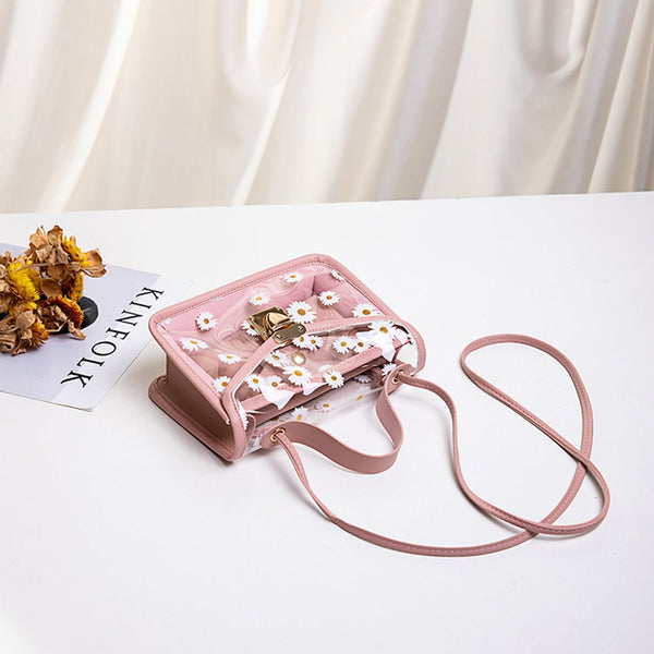 2 Pcs Creative Design Transparent Pvc Handbag Classic Texture Chic Daisy Flower Clutch Totes Pu Shoulder Bag Composite Set