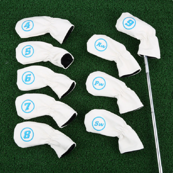 9Pcs Golf Iron Head Covers Set Waterproof Soft Pu Leather Putter White