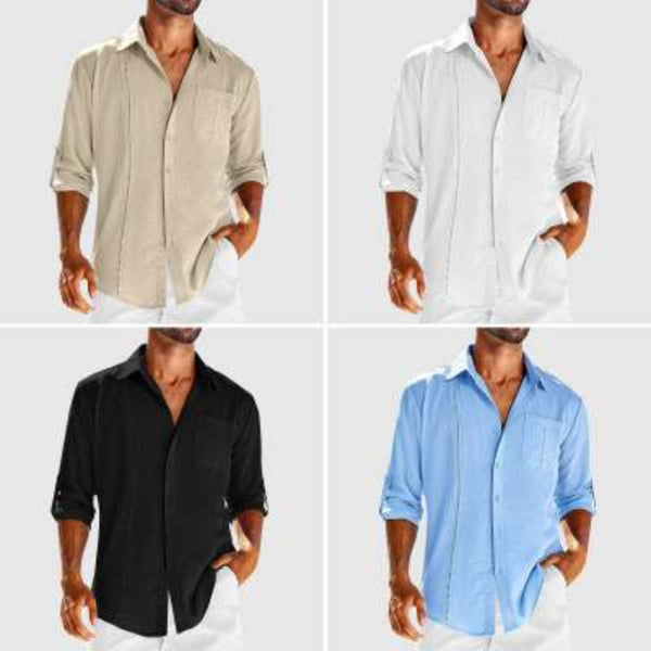Casual Long Sleeve Shirt With Pocket Lace Polo Collar Solid Color Button Mens Clothing