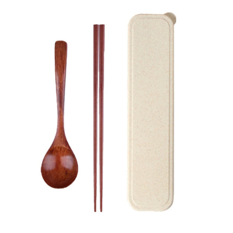 2 Sets Japanese Style Wooden Spoon Chopsticks With Portable Box Tableware