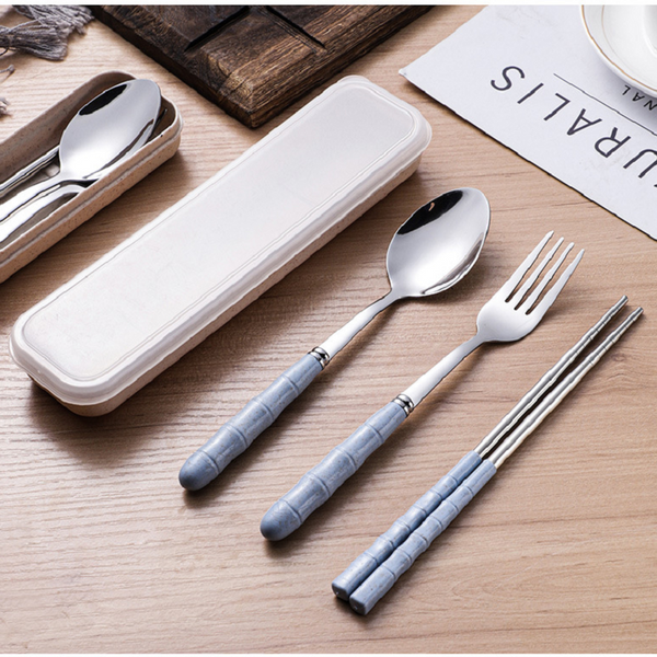 2Set Wheat Straw Stainless Steel Portable Spoon Fork Chopsticks With Storage Box