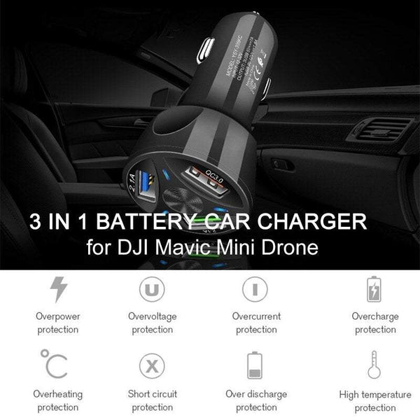 Car Chargers 3 In 1 Battery Adapter For Dji Mavic Mini Drone Usb Qc3.0 Port Quick Black