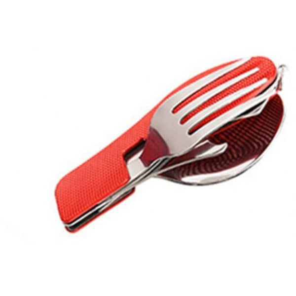 3 In 1 Camping Utensil Stainless Steel Fork Knife Spoon Bottle Opener Set With Red