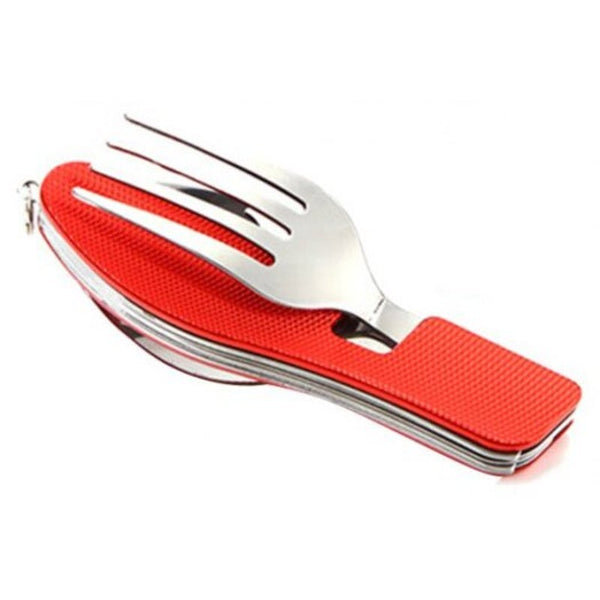 3 In 1 Camping Utensil Stainless Steel Fork Knife Spoon Bottle Opener Set With Red