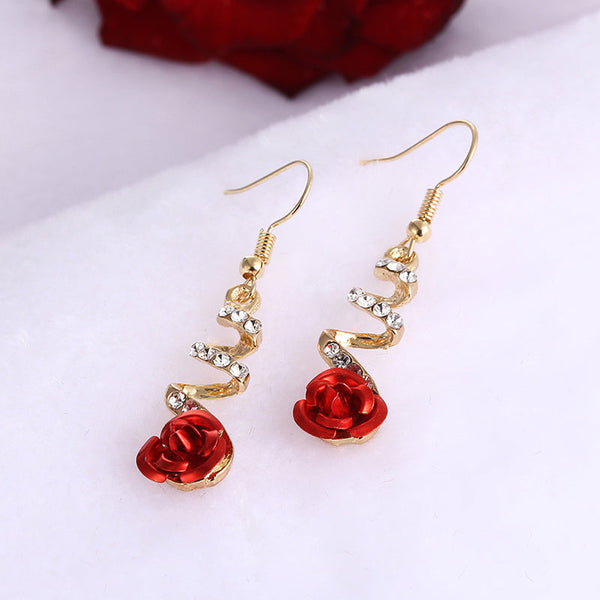 Fashion Jewelry Ethnic Red Rose Drop Earrings Big Rhinestone Vintage For Women Gold Spiral Dangle