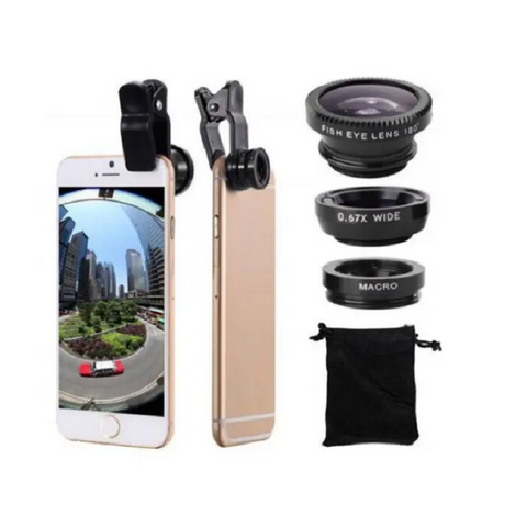 3 In 1 Mobile Phone Lenses Fish Eye Wide Angle Macro Camera For Iphone X / 8 Plus Xiaomi Huawei Samsung Black