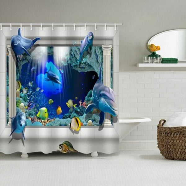 3D Dolphin Turtle Home Shower Curtain Sky Blue W59 X L71 Inch