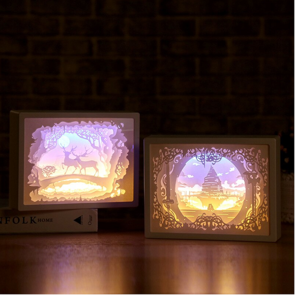 3D Paper Carving Night Light Shadow Box Sculptures Frame Table Lamps
