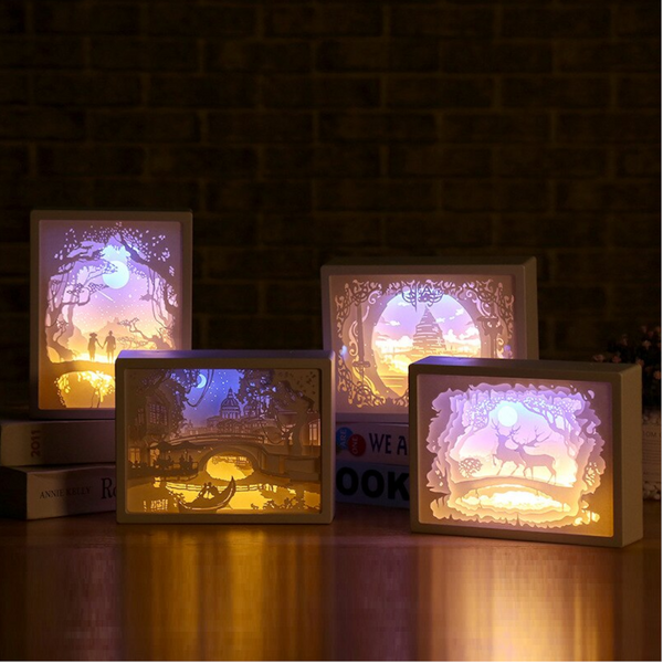 3D Paper Carving Night Light Shadow Box Sculptures Frame Table Lamps