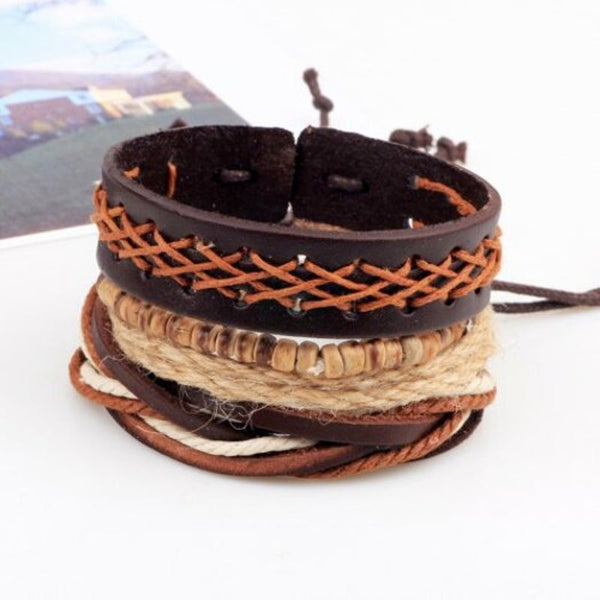 4 Pcs Vintage Leather Anchor Bracelet Hand Woven Diy Brown 26