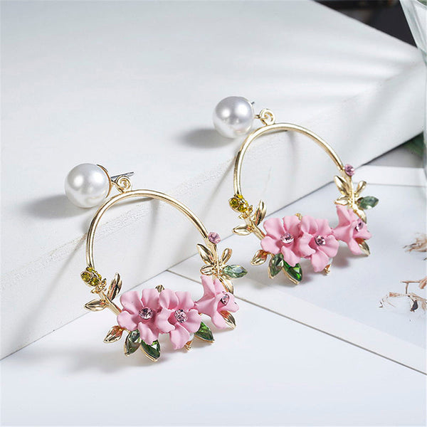 Trendy Cute Pink Flower Earrings For Women Girls Jewelry Female Rhinestone Gold Metal Round Circle Gift