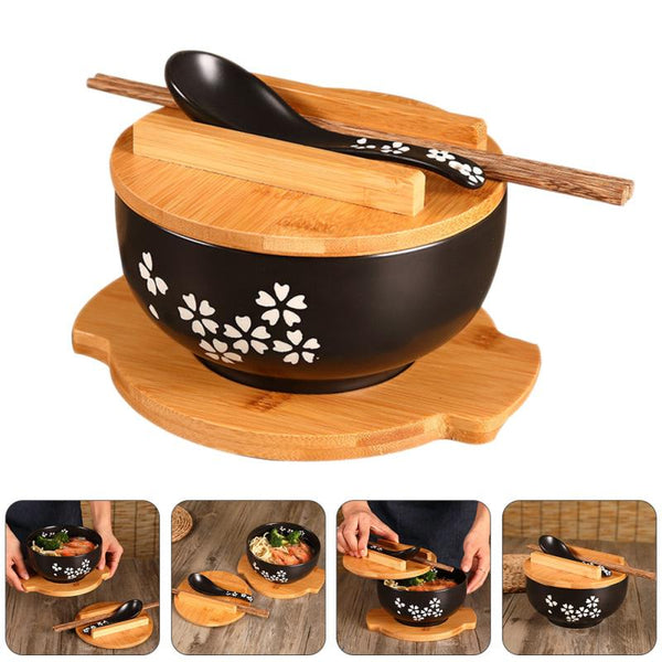 Ceramic Noodle Rice Bowl With Cover Japanese Style Soup Dinnerware Tableware