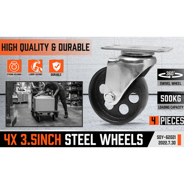 4Pc 3.5'' Heavy Duty Steel Castor Wheel Swivel Caster 500Kg/Ea Loading Capacity