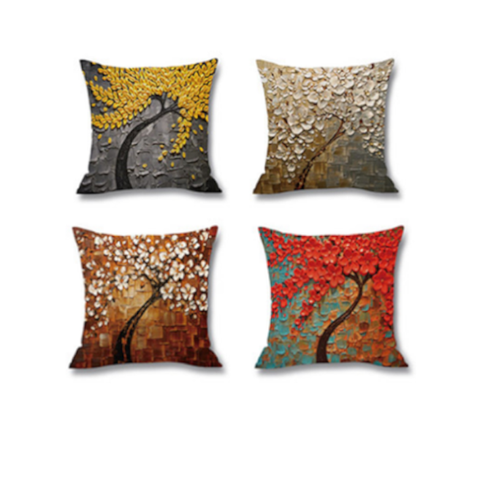 4Pcs Oil Painting Tree Printed Flax Square Pillow Cover Sofa Bed Cushion