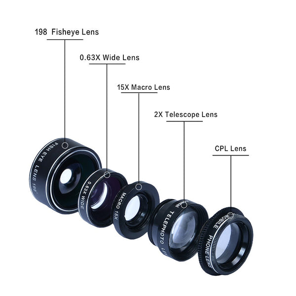 5 In 1 Hd Camera Lens Kit Fisheye Lens0.63X Wide Angle15x Macro Lens2x Lenscpl For Iphone Samsung Htc