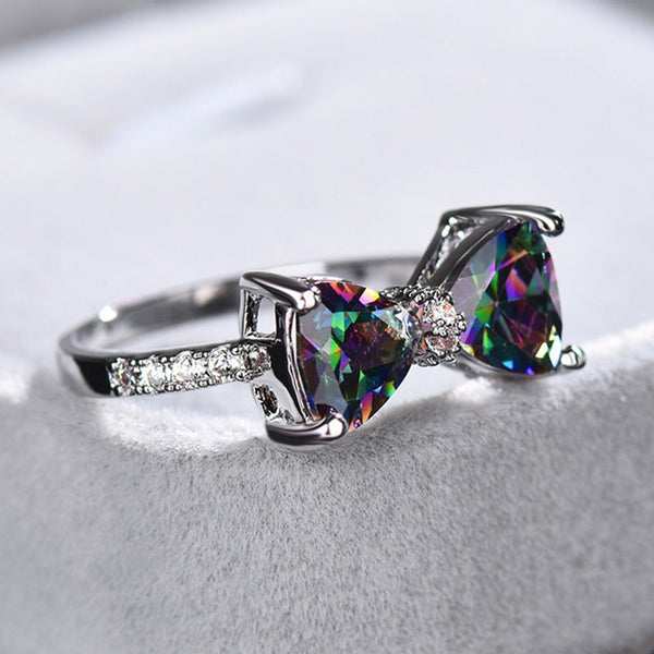 Cute Women Rainbow Bowknot Ring With Crystal Stone Colorful Zircon Engagement