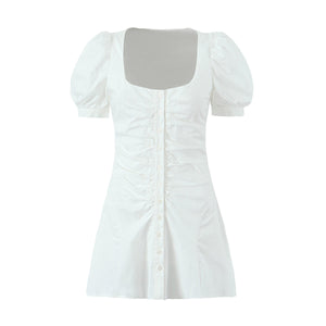 French Retro Square Collar Single Breasted Puff Short Sleeve Dress