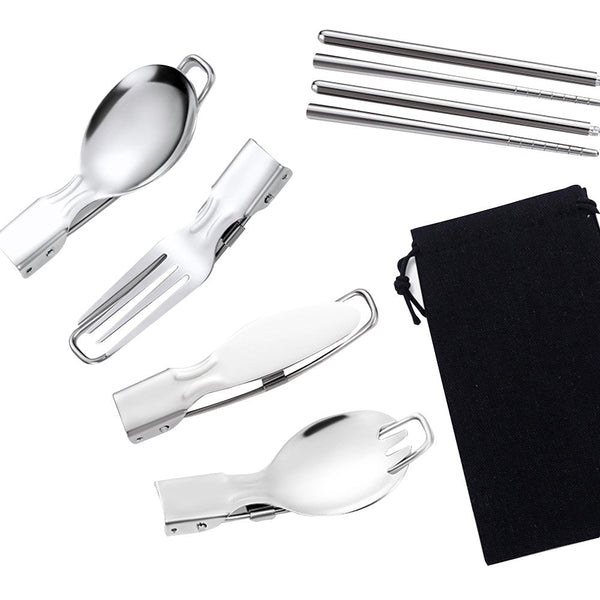 5 Pieces Folding Cutlery Set Foldable Stainless Steel Utensil With Storage Bags