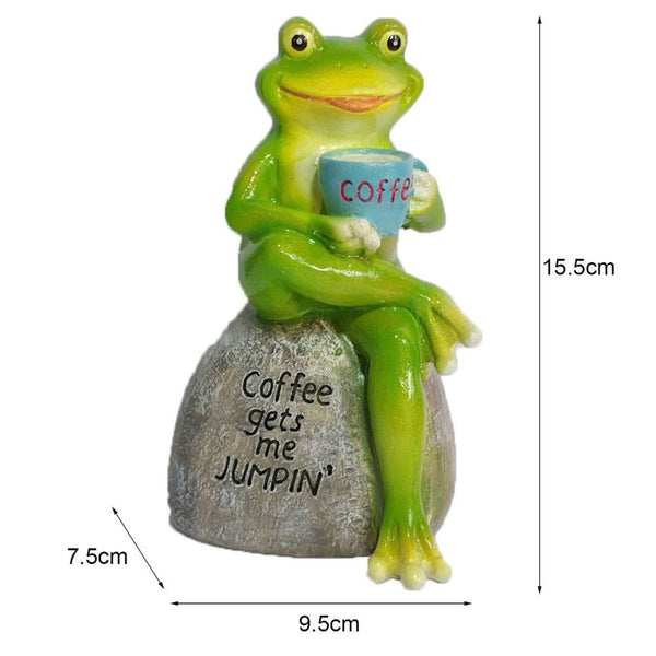 Animal Design Statuary Green Sitting Frog Drinking Coffee Stone Garden Statue