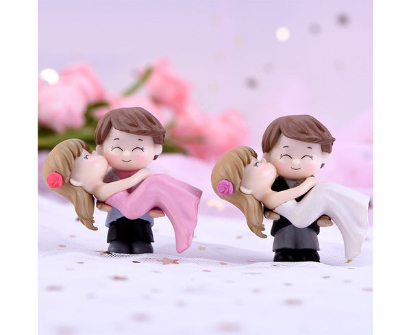 Sweet Couple Bride Groom Model Miniature Landscape Wedding Decorative Ornament-Blue Pink