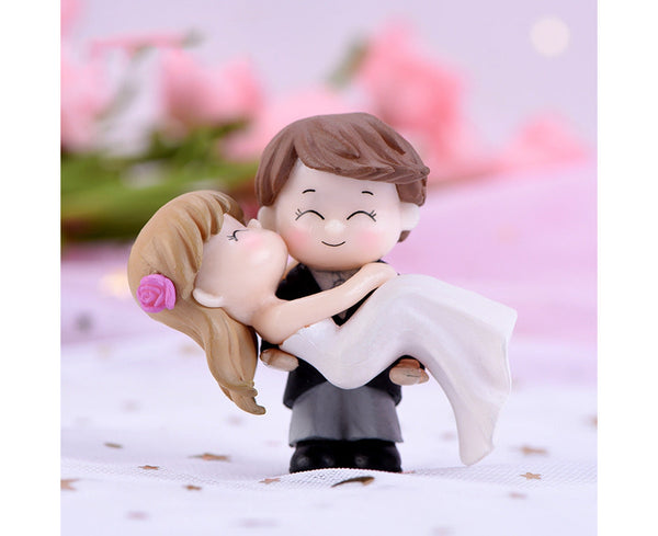Sweet Couple Bride Groom Model Miniature Landscape Wedding Decorative Ornament-Blue Pink