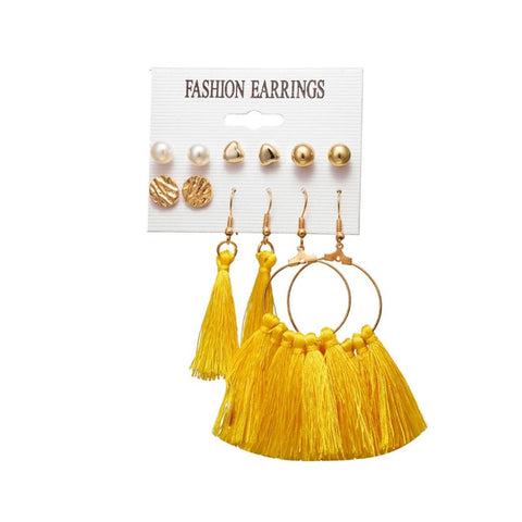 6 Pairs Tassel Stud Dangle Earrings Female Bohemian Ethnic Style 2
