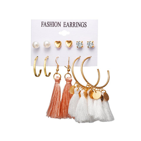 6 Pairs Tassel Stud Dangle Earrings Female Bohemian Ethnic Style 5