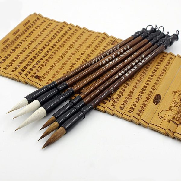 6Pcs White Woolen Brush / Brown Weasel Hair Chinese Japanese Calligraphy Pen Set