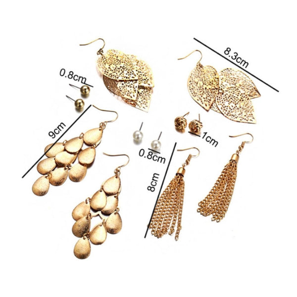 6Pcs Artificial Pearl Earrings With Hollow Leaves And Woven
