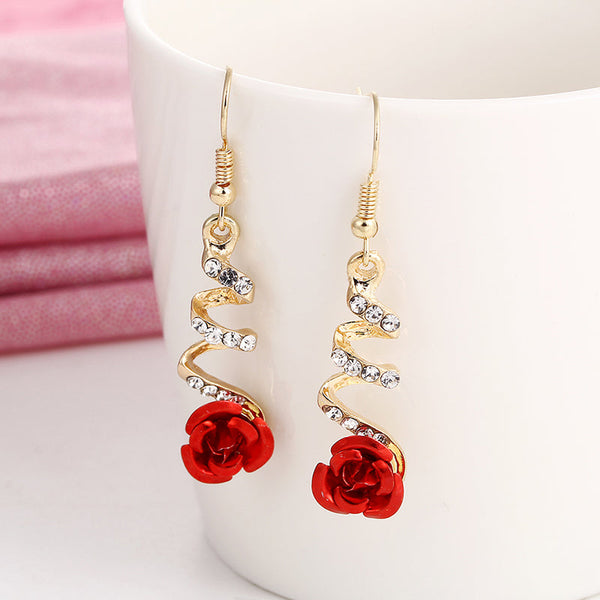 Fashion Jewelry Ethnic Red Rose Drop Earrings Big Rhinestone Vintage For Women Gold Spiral Dangle