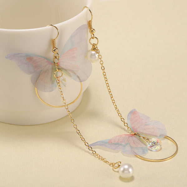 Hot Trendy Fairy Yarn Asymmetric Butterfly Long Earrings For Girl Adornment Alloy Circle Rhinestone Pendient Jewerly