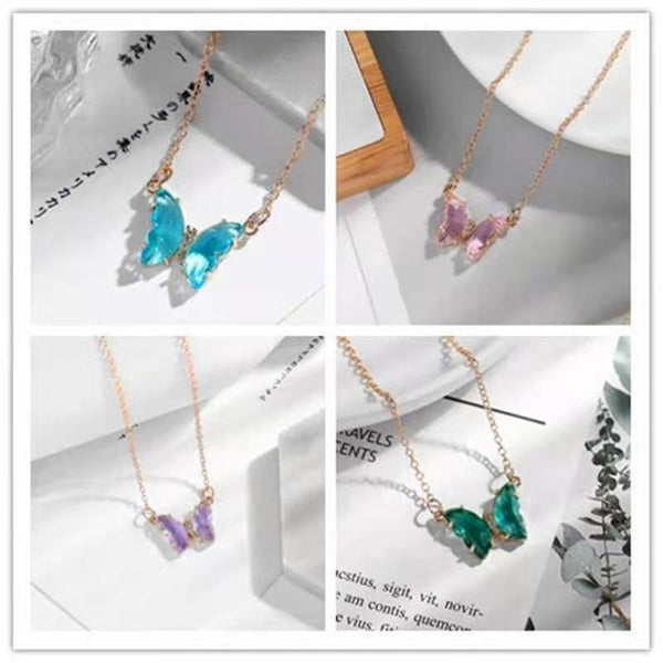 Women's Gold Plated Stainless Steel Crystal Glass Butterfly Pendant Necklace