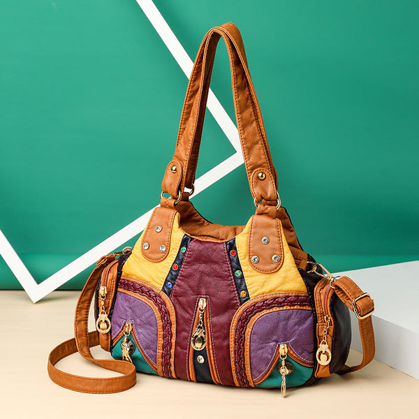 Colored Mosaic Large Capacity Multi-Layer Washed Leather Handbag