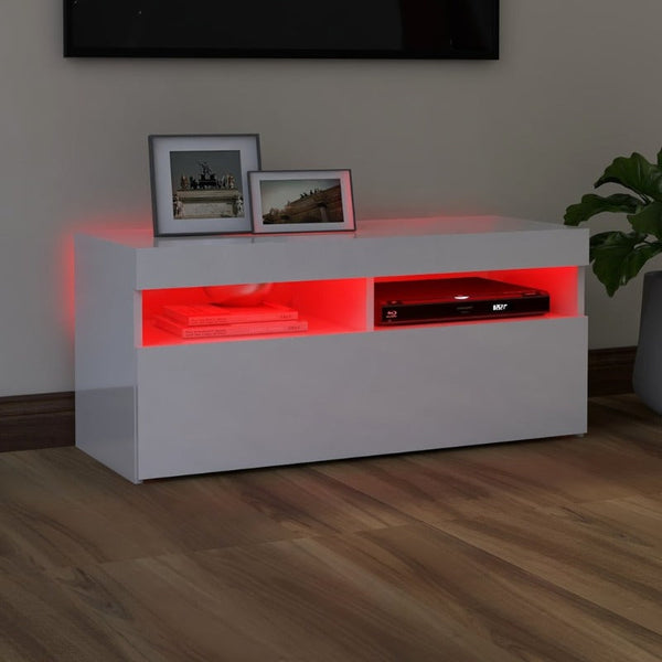 Tv Cabinet With Led Lights High Gloss White 90X35x40 Cm