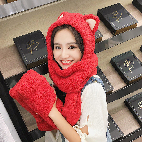 Cute Cat Ears Plush Scarf Hood With Hand Warmers Women Winter