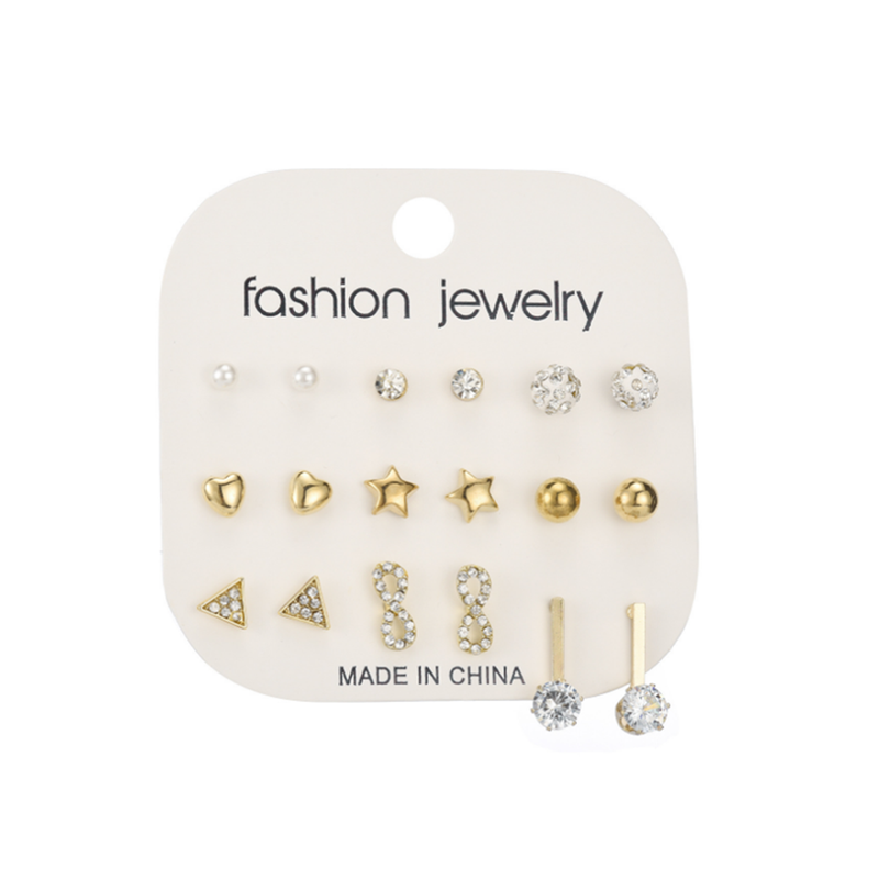 9 Pairs Of Earrings Creative Zircon Nail Set Alloy Jewelry Gold