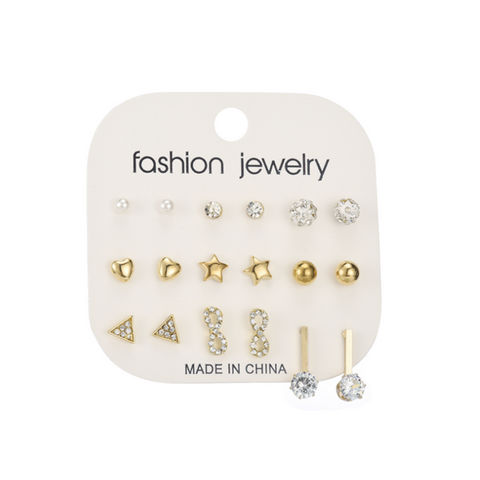 9 Pairs Of Earrings Creative Zircon Nail Set Alloy Jewelry Gold
