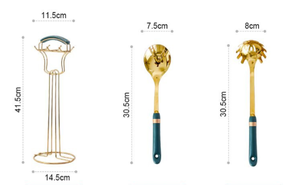 Golden Stainless Steel Kitchen Utensil Set With Colourful Ceramic Handles