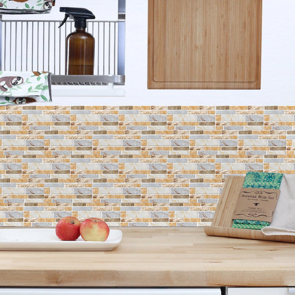 9Pcs Mosaic Marble Bricks Self-Adhesive Bathroom Kitchen Wall Tile Sticker Golden Fawn