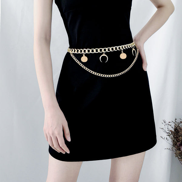 New Metal Double Waist Chain Moon Coin Hip Hop Body Decorative Dress Summer Beach Accessories Europe And America