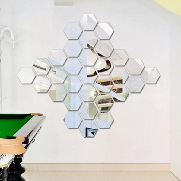Acrylic Mirror Wall Sticker Set Hexagon Shape Mural Decals Silver Xs